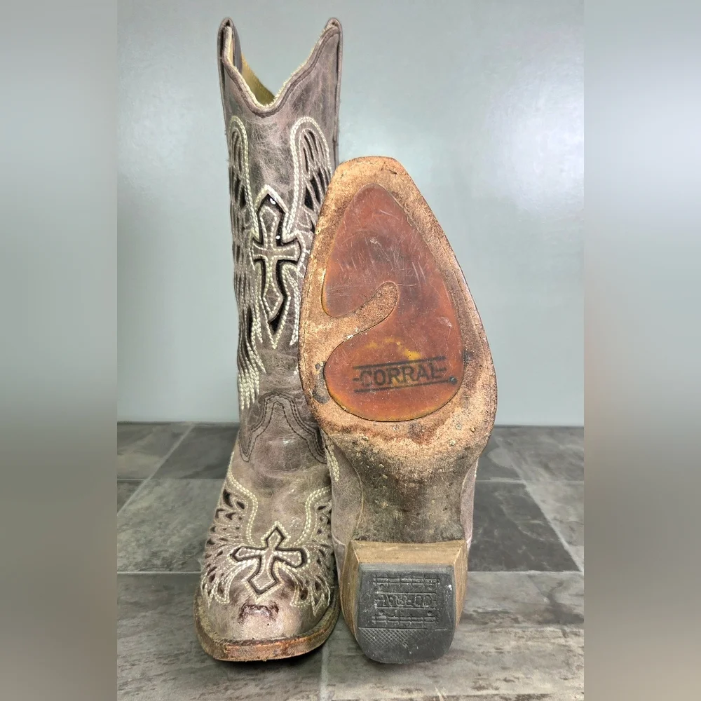 Y2K CORRAL WING & CROSS DISTRESSED WESTERN SEQUIN BOOTS. - Picture 8 of 12